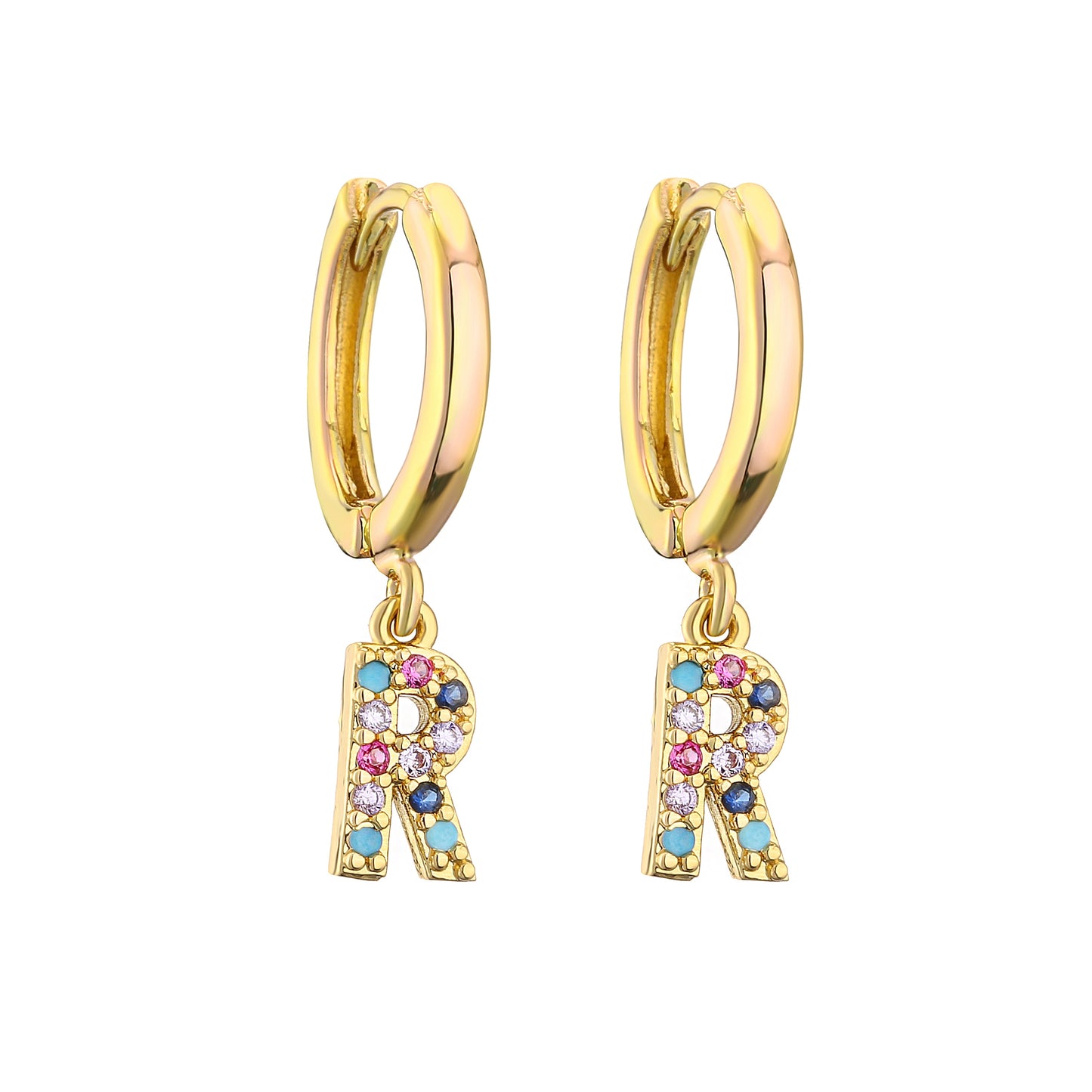 Colourful Cubic Zirconia Letter Charm Drop Hoop Earrings