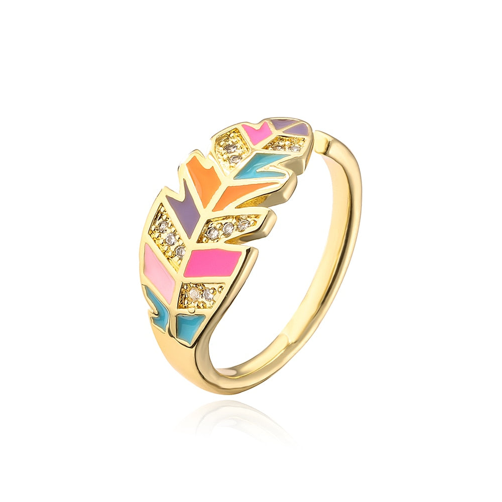 Enamel Zircon Feather Ring